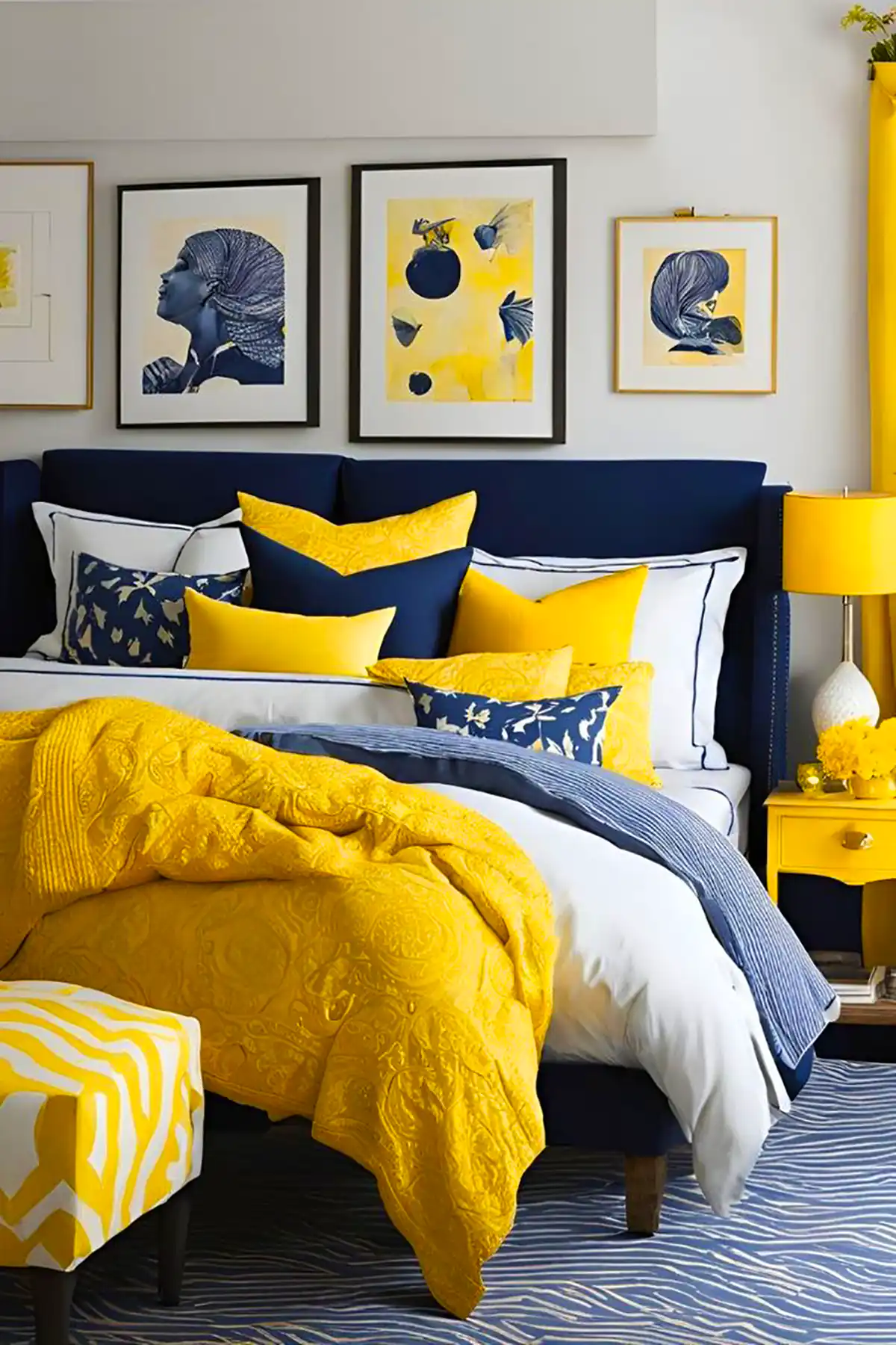 دکور زرد سرمه ای برای اتاق خواب