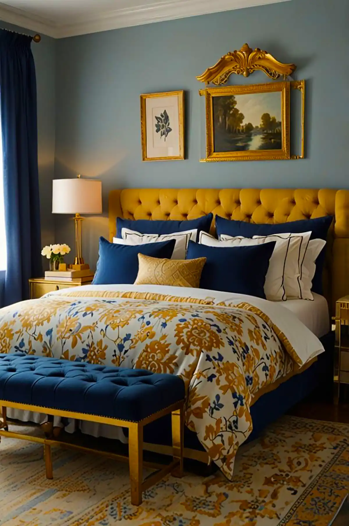 دکور زرد سرمه ای برای اتاق خواب